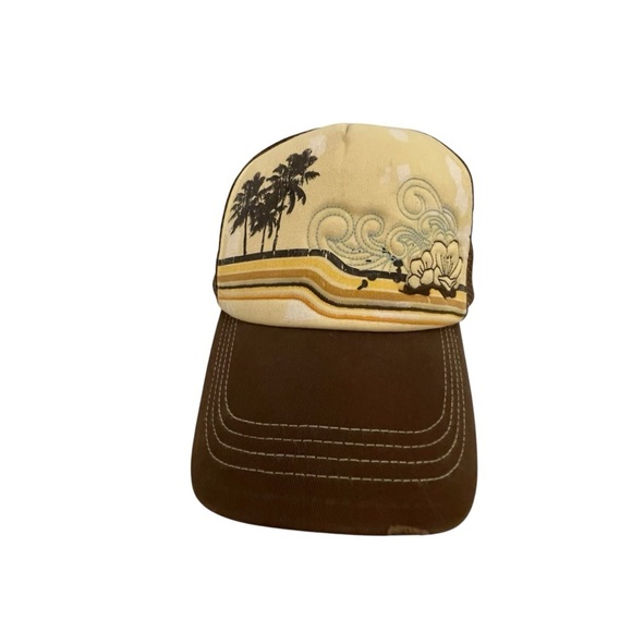 Trucker Cap Hat Brown Ivory Flowers Palm Trees Adjustable Men’s One Size - Picture 2 of 8